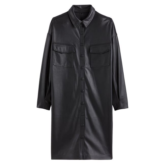 Vestido estilo camisa, de mangas compridas, em imitação pele preto  <span itemprop=