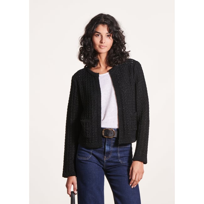 Gilet court à manches longues en maille irisée noir <span itemprop=