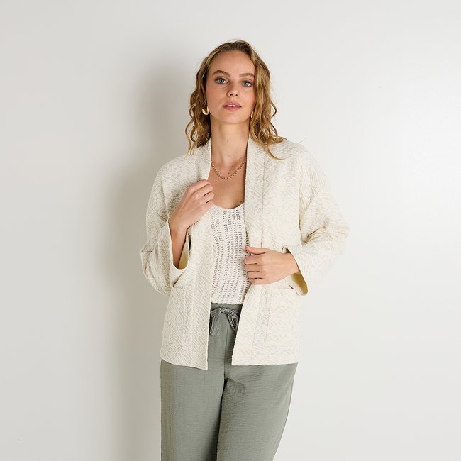 Veste kimono en jacquard blanc cassé ecru <span itemprop=