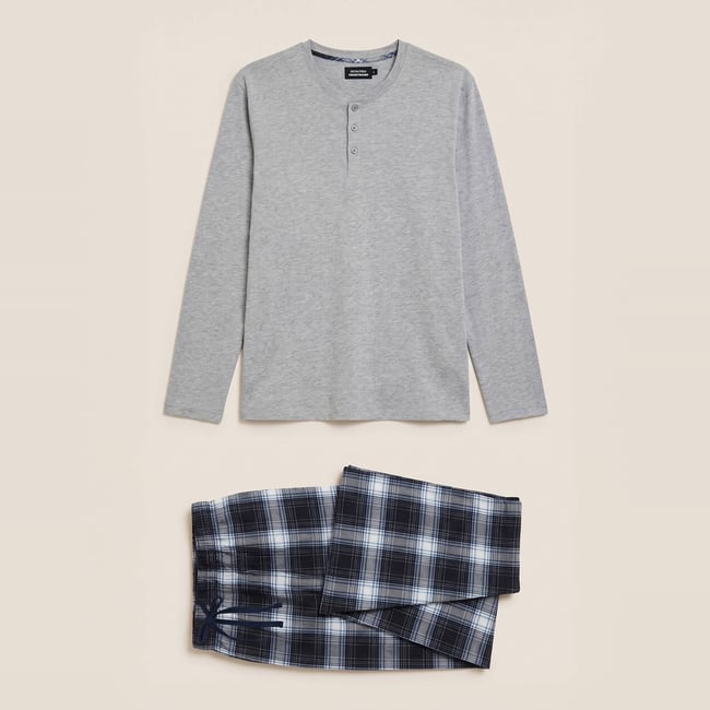 Pyjama manches longues en jersey et pantalon en flanelle en coton gris moyen <span itemprop=
