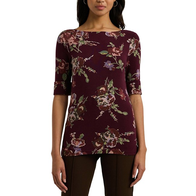 T-shirt imprimé col bateau manches courtes JUDY bordeaux <span itemprop=