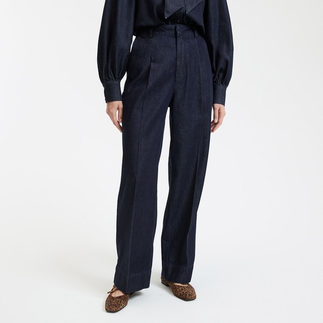 Pantaloni in denim a gamba larga, vita alta, pieghe pronunciate blu grezzo LA REDOUTE COLLECTIONS