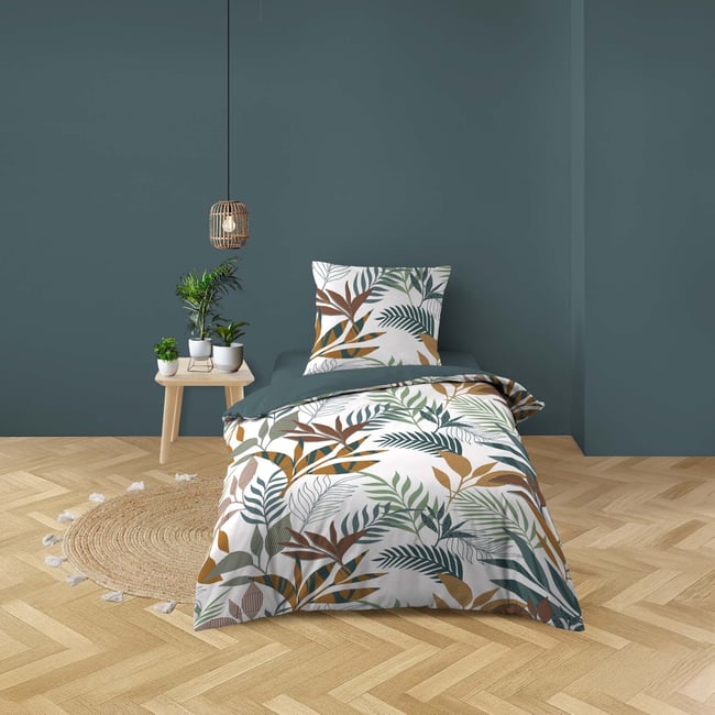 Parure de lit 2 pièces 100% coton à motifs végétaux housse + taie bleu <span itemprop=