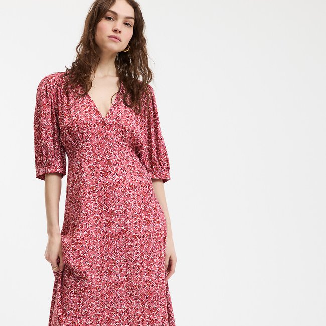 Robe longue fluide, col V, imprimé floral imprimé rose <span itemprop=