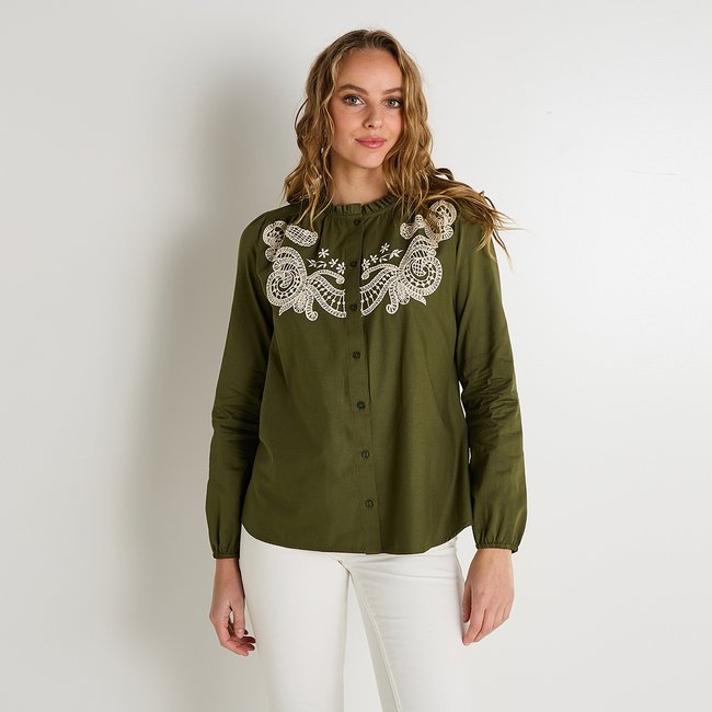 Chemisier broderies contrastées vert kaki <span itemprop=