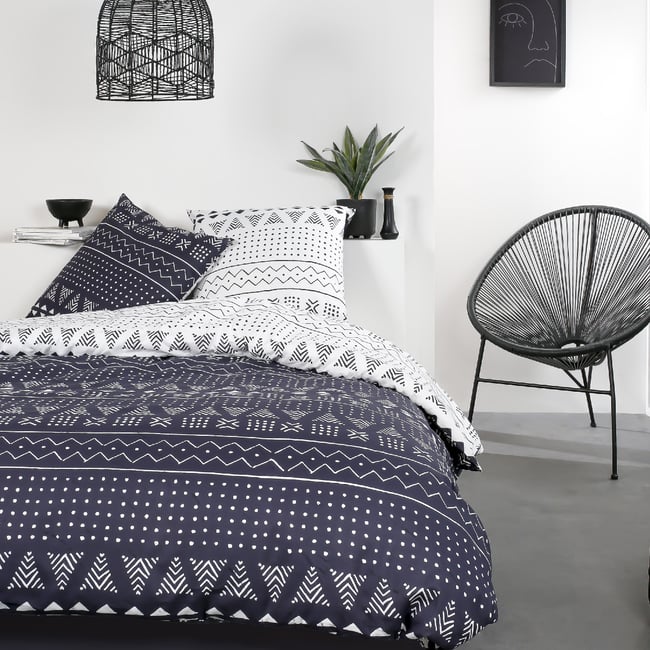 Parure de lit coton zippée 2 personnes imprimé ethnique MAWIRA blanc <span itemprop=