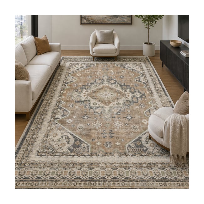 Tapis d'orient, motif oriental authentique, tissé, LYN52 BOUKA Couleur beige, crème, gris <span itemprop=