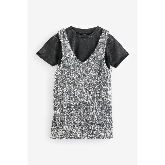 Robe chasuble à sequins et t-shirt, ensemble argent <span itemprop=