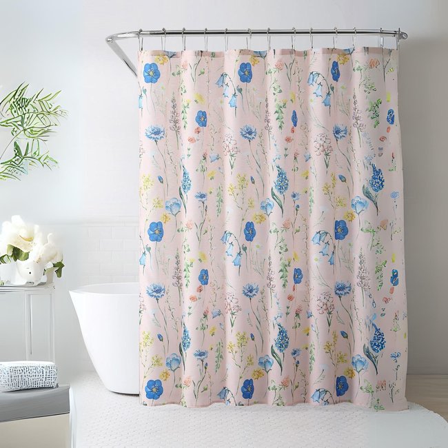 Rideau de douche aux fleurs champêtres rose boudoir <span itemprop=