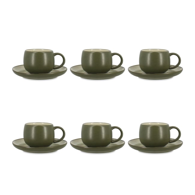 Lot de 6 tasses 22cl avec soucoupes en grès, OLI Couleur vert <span itemprop=