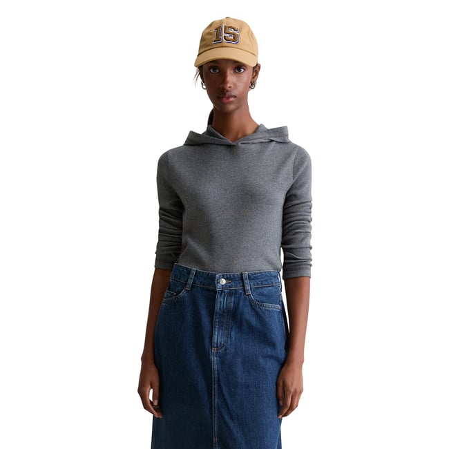 T-shirt long à capuche slim en jersey côtelé doux gris <span itemprop=