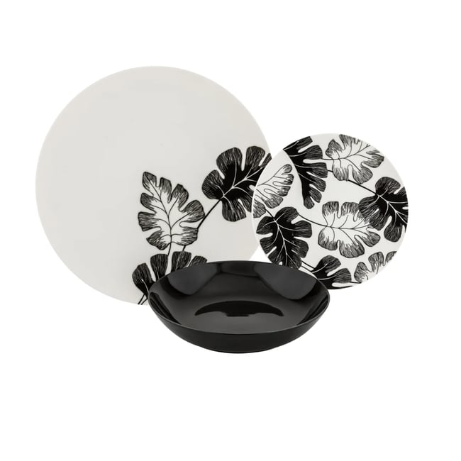 Service de table 18 pièces en porcelaine fine - Leaf Couleur noir/blanc <span itemprop=