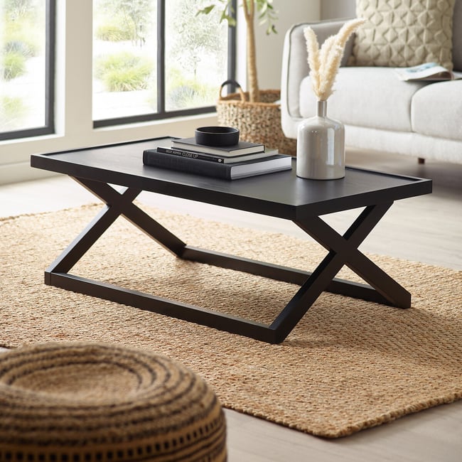 Henlow  Rectangular Wood Coffee Table with Cross-shaped base, black, SO'HOME