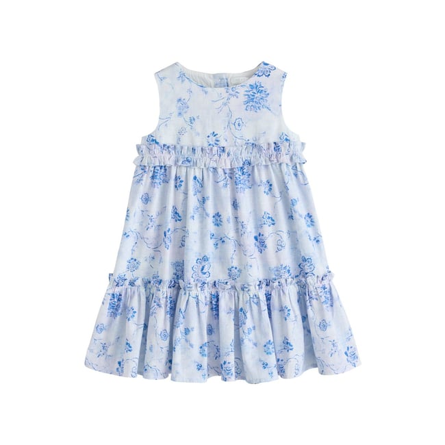 Robe à smocks et superpositions floral bleu et blanc <span itemprop=