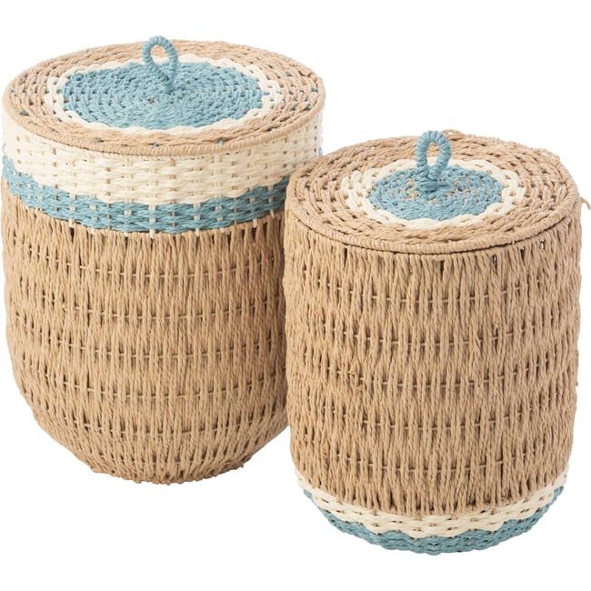 Lot de 2 paniers avec couvercle en papier Couleur naturel et bleu clair <span itemprop=
