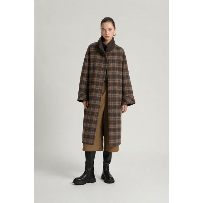 Cappotto lungo reversibile in misto lana marrone quadri SEE U SOON