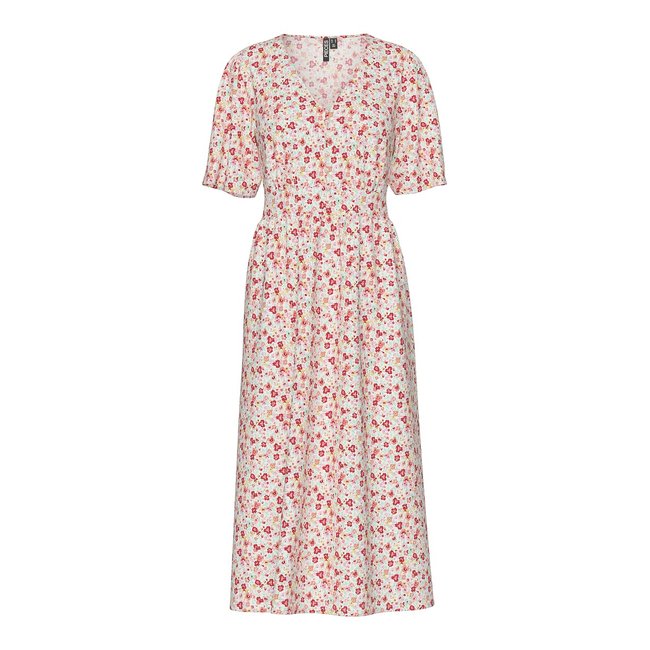 Vestido midi, com botões branco flores <span itemprop=