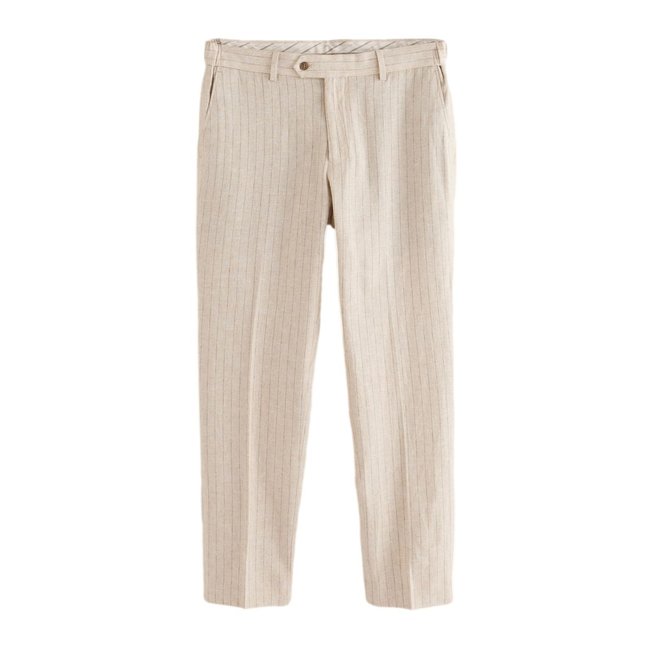 Pantalon slim en lin rayé écru <span itemprop=