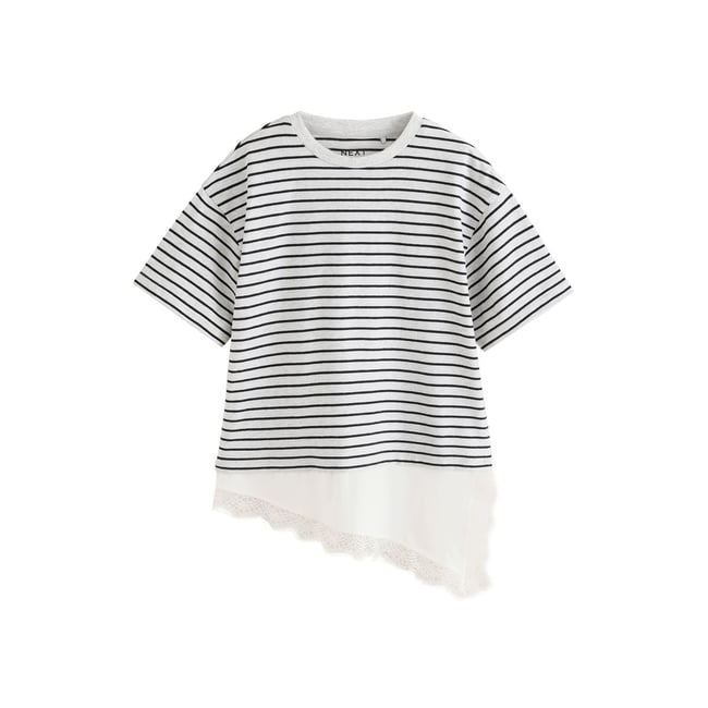 T-shirt à ourlet en dentelle asymétrique gris rayé <span itemprop=