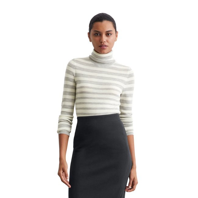 Pull à col roulé rayé slim en fine laine mérinos gris <span itemprop=