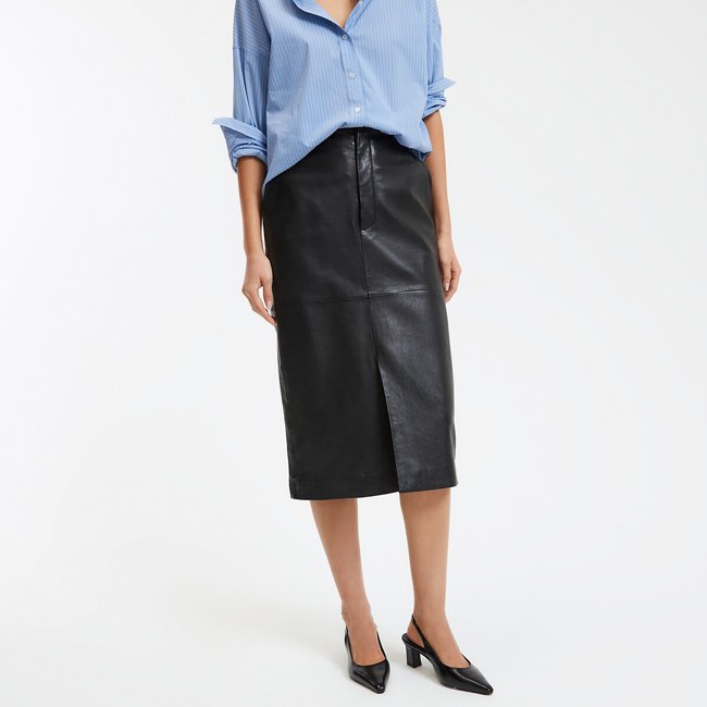 Jupe crayon en cuir, longueur midi noir <span itemprop=