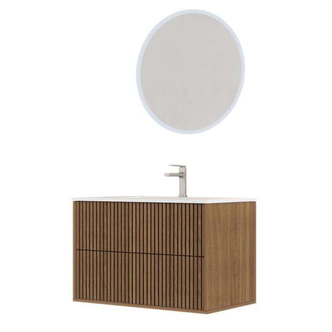 Meuble de salle de bain suspendu avec façade crantée, vasque(s) et miroir(s) LED Couleur naturel <span itemprop=