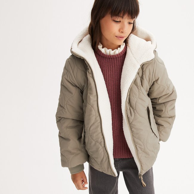Wendbare gesteppte Winterjacke mit Kapuze khaki/ecru <span itemprop=