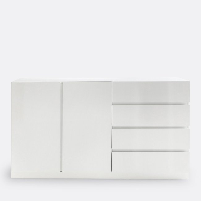 Armoire basse 2 portes penderie et 4 tiroirs, Léo Couleur blanc <span itemprop=
