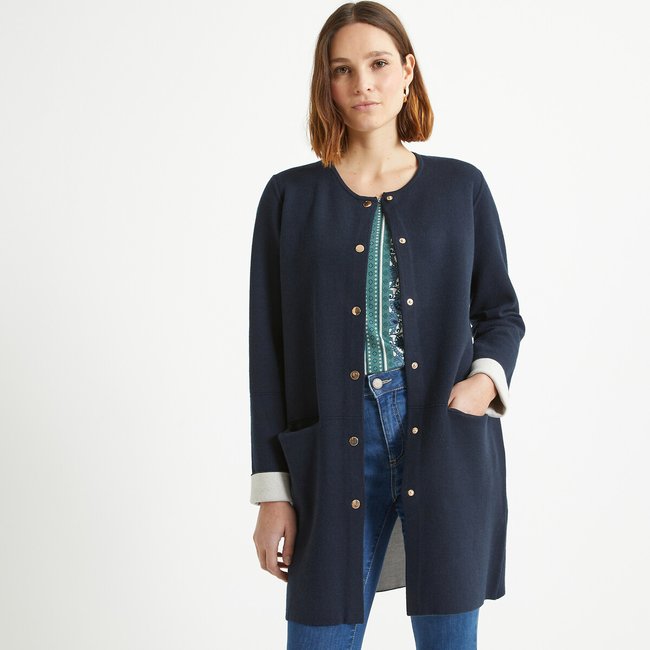 Cardigan comprido, em malha fina, com botões marinho <span itemprop=