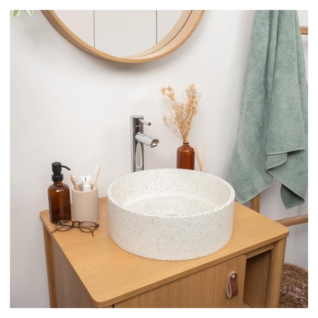 Vasque à poser ronde en terrazzo 36cm BILLY Couleur blanc <span itemprop=
