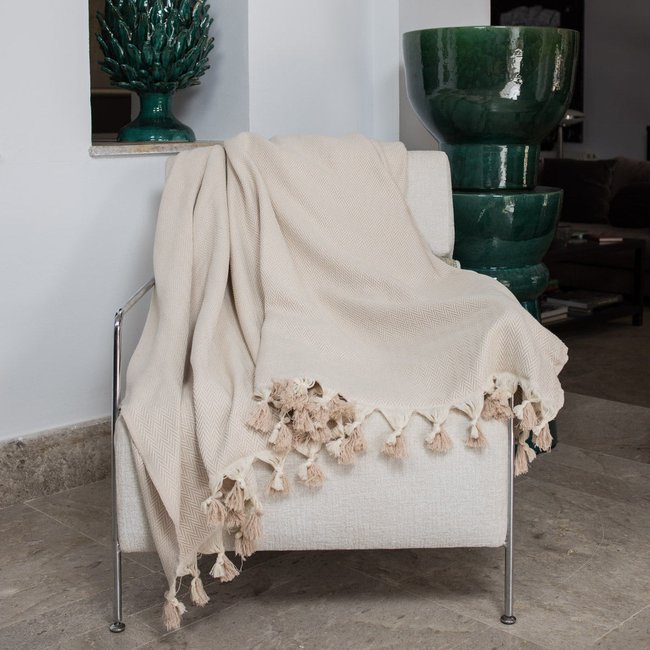 Plaid coton MEGEVE taupe clair <span itemprop=