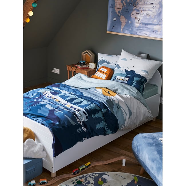 Parure housse de couette + taie d'oreiller SUR LES RAILS vert <span itemprop=