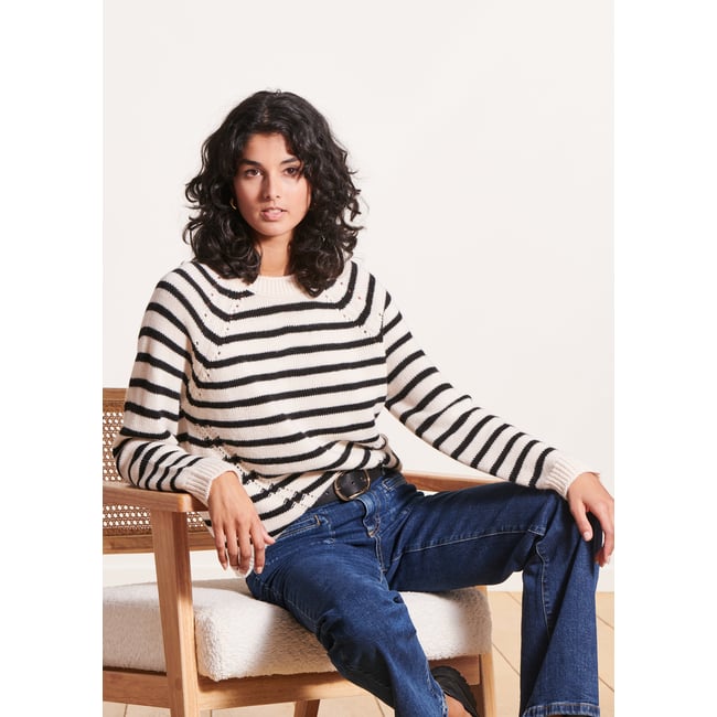 Pull marinière manches longues col rond ecru/noir <span itemprop=