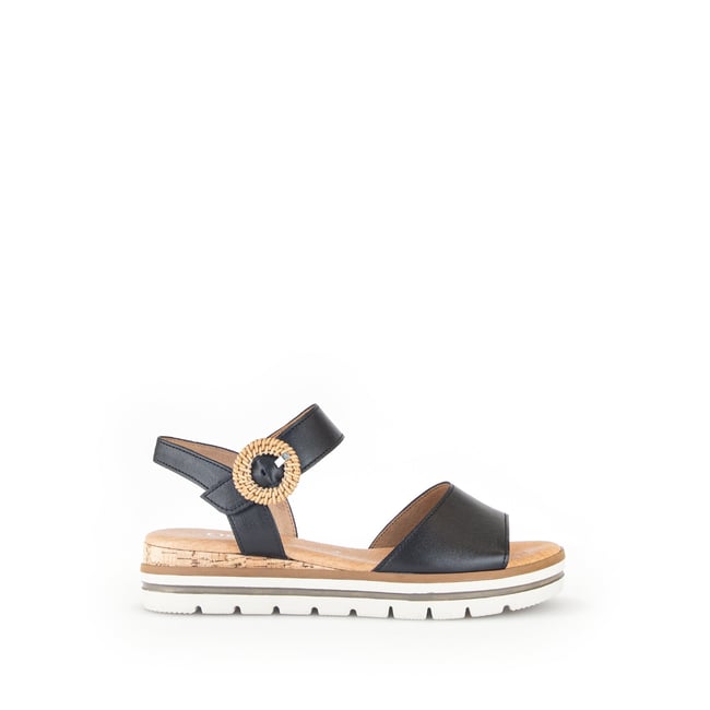 Sandales en cuir grainé à talon compensé noir <span itemprop=