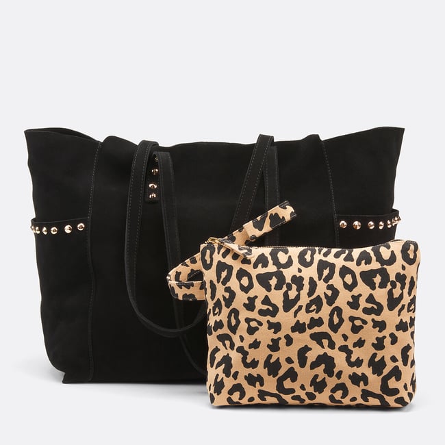 Suede Tote Bag with Leopard Print Pouch, black, LA REDOUTE COLLECTIONS
