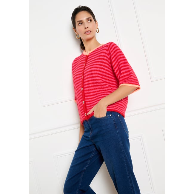 Cardigan rayé à manches courtes rouge <span itemprop=
