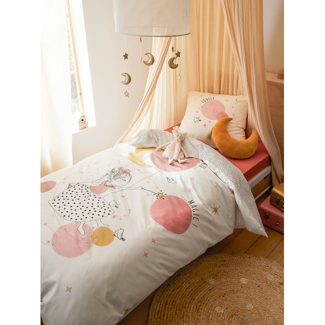 Parure housse de couette et taie d'oreiller avec coton recyclé PRINCESSE POESIE blanc imprimé <span itemprop=