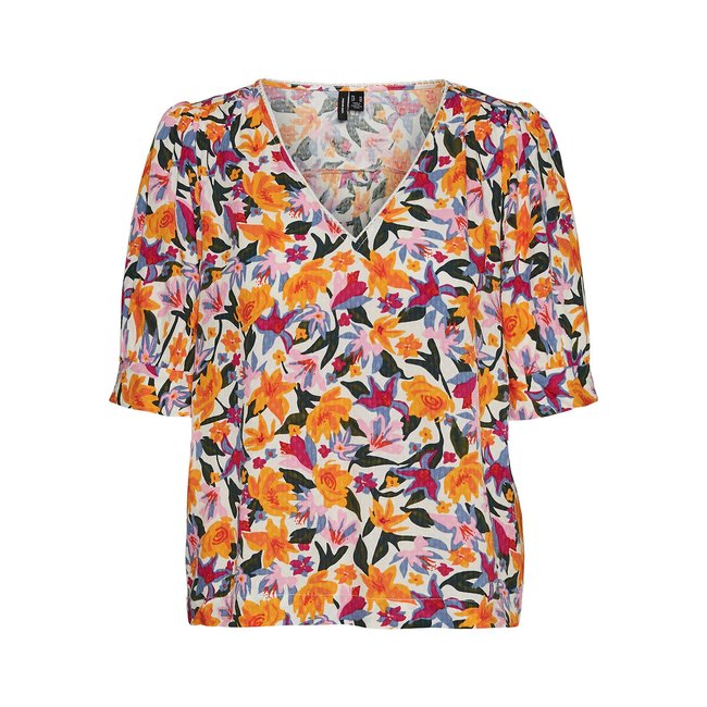 Blusa estampada con cuello de pico estampado naranja <span itemprop=