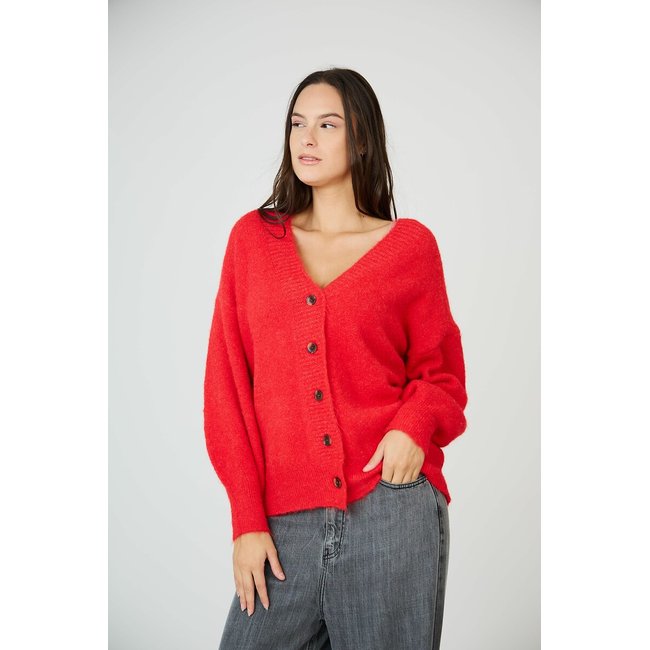 Chaqueta de punto abotonada con cuello de pico rojo <span itemprop=