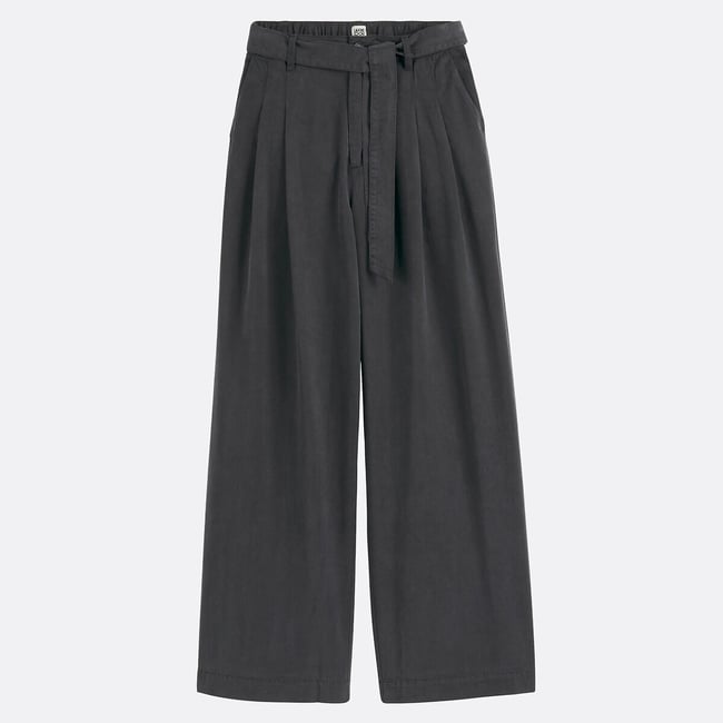 Pantalón de talle alto y pernera ancha con cinturón de anudar gris carbono <span itemprop=