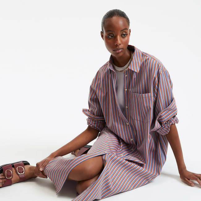 Robe Longue Rayée Femme – Chemise Boutonnée En Coton, Manches 3/4, Coupe Oversize – Confortable Et Stylée Pour L’été