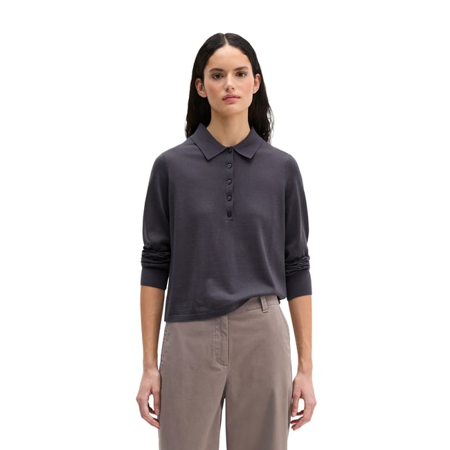 Polo en maille fine regular en noble mélange de laine mérinos et de viscose gris foncé <span itemprop=