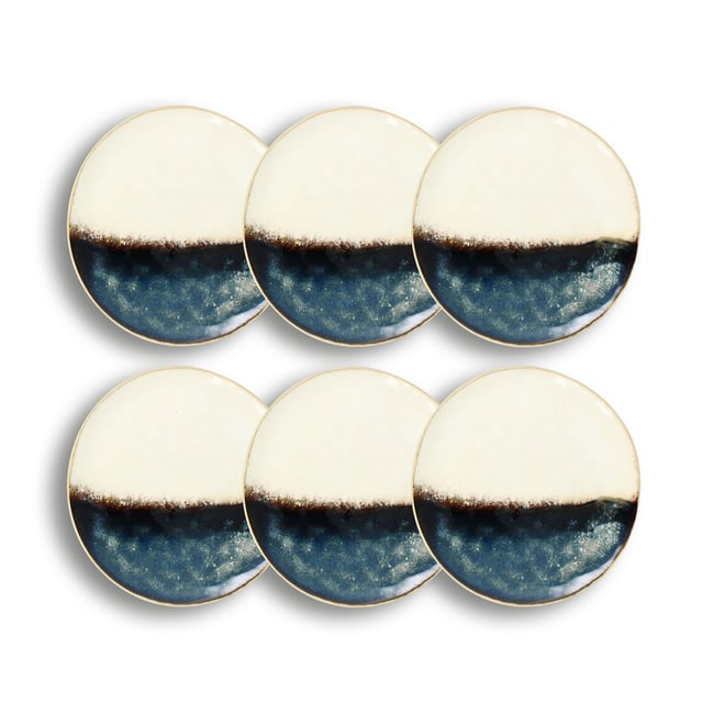 Lot de 6 assiettes à dessert en grès 20,5cm, KATANGA Couleur blanc-bleu <span itemprop=