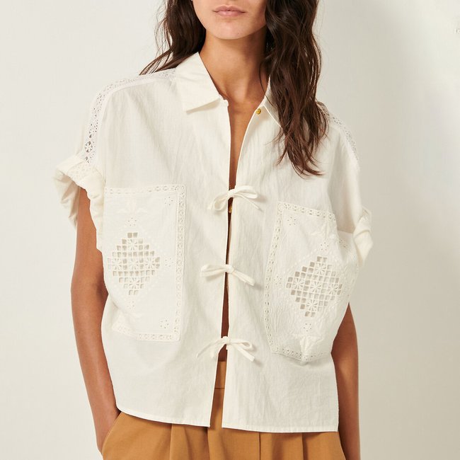 Dellani short embroidered blouse with tie fastening, ecru, SESSUN