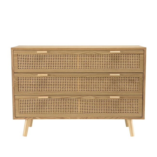 Commode 3 tiroirs bois clair et cannage ALGA Couleur bois naturel <span itemprop=