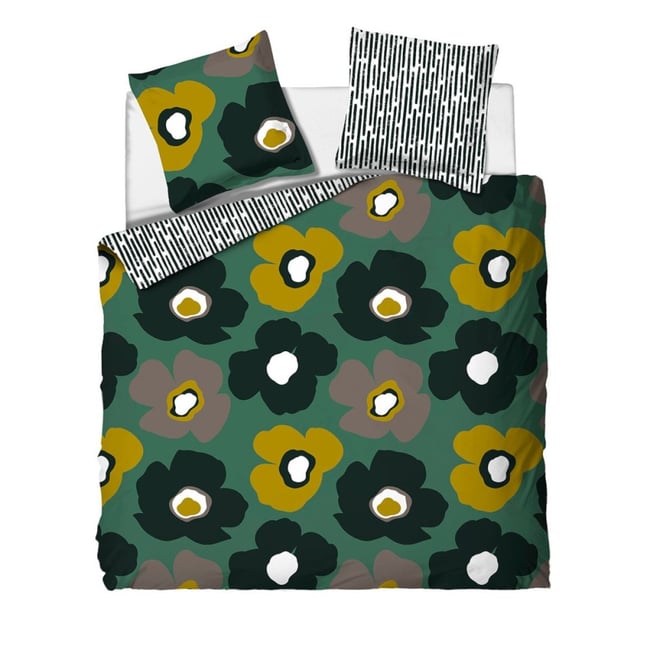 Housse de couette 260x240 FLEURIE + 2 taies 100% coton vert <span itemprop=