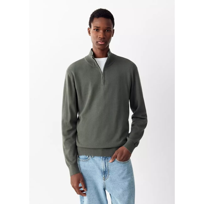 Pull-over col roulé fermeture Éclair vert forêt <span itemprop=