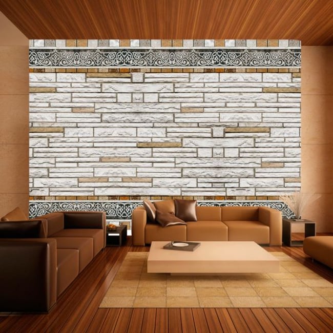 Papier peint intissé panoramique Mosaique en pierre Couleur gris / argent <span itemprop=