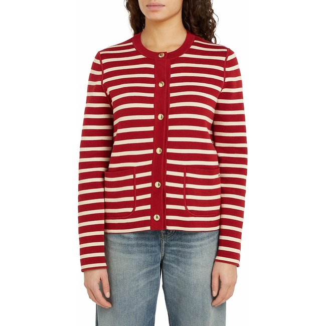 Cardigan réversible à col rond blanc/rouge <span itemprop=