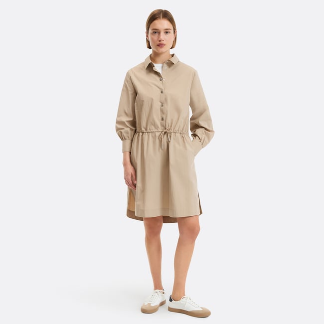 Sukienka mini z długimi rękawami i ściągaczem w pasie w kolorze beżowym LA REDOUTE COLLECTIONS